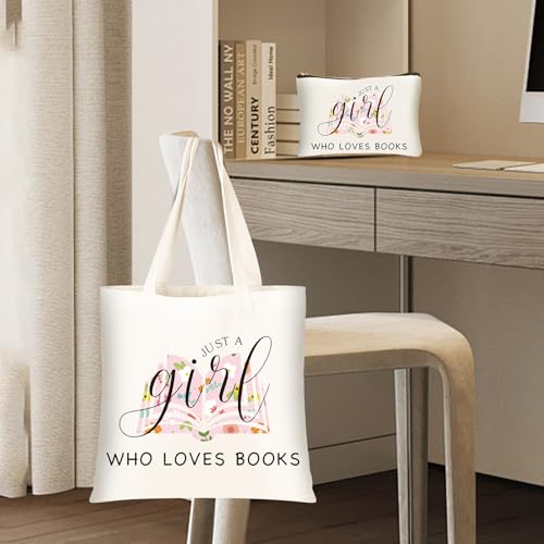 DHQH Canvas Book Tote Bag with Makeup Bag for Women, Book Lover Birthday Gifts, Aesthetic Book Tote Bag Reusable Bag for Librarian, Readers, Bookish Christmas Gifts - style: Books Baga