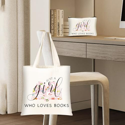 DHQH Canvas Book Tote Bag with Makeup Bag for Women, Book Lover Birthday Gifts, Aesthetic Book Tote Bag Reusable Bag for Librarian, Readers, Bookish Christmas Gifts - style: Books Baga