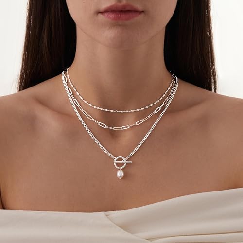 Poxtex Layered Gold Necklaces for Women, Stackable Dainty 14K Gold Silver Plated Trendy Simple Heart Diamond Cross Bow Circle Pendant Paperclip Choker Dot Chain Necklace,Jewelry Set Gifts for Women - color: Silver, style: Pearl1