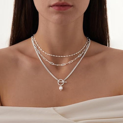 Poxtex Layered Gold Necklaces for Women, Stackable Dainty 14K Gold Silver Plated Trendy Simple Heart Diamond Cross Bow Circle Pendant Paperclip Choker Dot Chain Necklace,Jewelry Set Gifts for Women - color: Silver, style: Pearl1