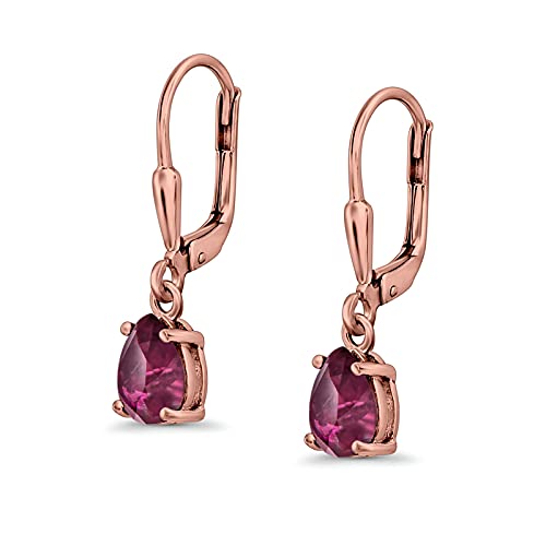 Teardrop Bridal Dangling Leverback Earrings Pear Cubic Zirconia 925 Sterling Silver - color: Rose Tone, Simulated Ruby CZ