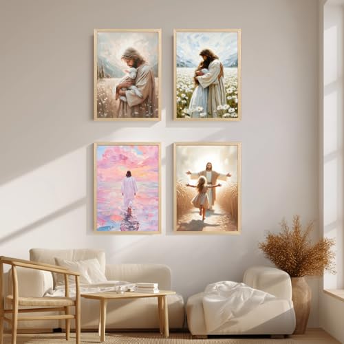 FASWQ Wood Framed Pink Jesus Walking on Water Wall Art 20x30 in - color: JesusBack(Wood), size: 30"L x 20"W