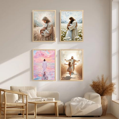 FASWQ Wood Framed Pink Jesus Walking on Water Wall Art 24x36 in - color: JesusBack(Wood), size: 36"L x 24"W
