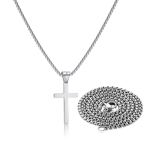 SKQIR Stainless Steel Cross Necklace for Men Silver Cross Necklace for boy Small Cross Pendant Necklace Simple Jewelry Cross Chain Gifts for Men - color: Silver:Cross Pendant 0.4'' * 0.8'', style: Chain 22 inches
