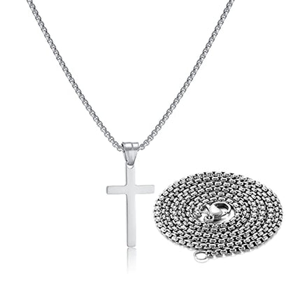 SKQIR Stainless Steel Cross Necklace for Men Silver Cross Necklace for boy Small Cross Pendant Necklace Simple Jewelry Cross Chain Gifts for Men - color: Silver:Cross Pendant 0.4'' * 0.8'', style: Chain 22 inches