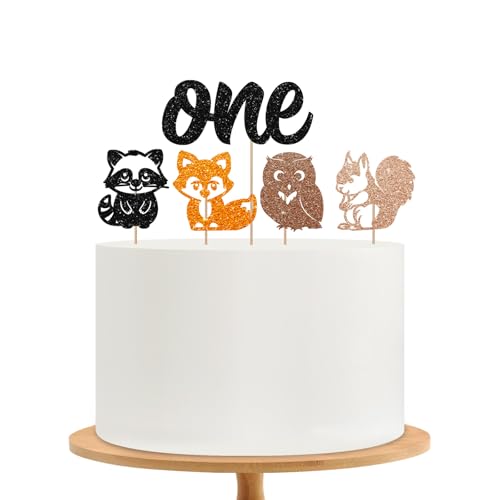 Woodland Animal One Cake Topper, Woodland 1st Birthday Cake Decor, Black Glitter Forest Friends Cake Topper for Kids, Woodland Animal Themed Baby Shower Party Decoration - style: Animal One