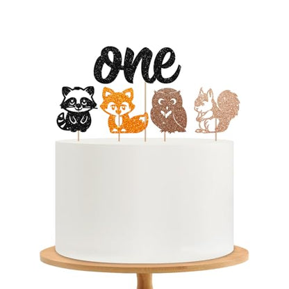 Woodland Animal One Cake Topper, Woodland 1st Birthday Cake Decor, Black Glitter Forest Friends Cake Topper for Kids, Woodland Animal Themed Baby Shower Party Decoration - style: Animal One