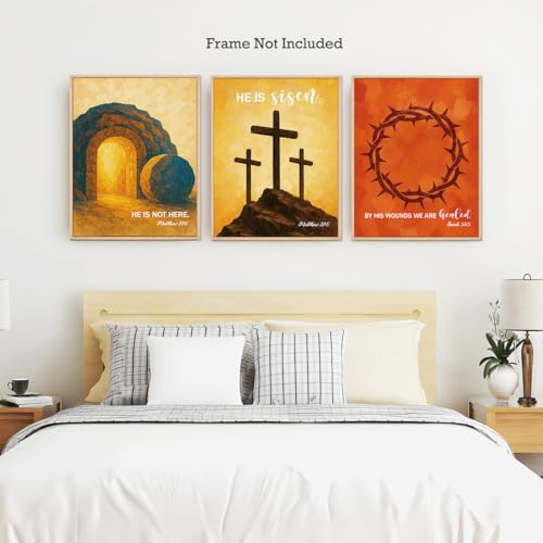 Set of 3 Poster Bible Verse Wall Art,Matthew 28:6 Christian Wall Decor - color: He is not Here He is Risen