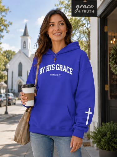 FAYALEQ Christian Sweatshirt By His Grace Letter Print Hoodie Christian Religious Sayings Sweater Bible Pullover Tops - color: Blue, size: Medium