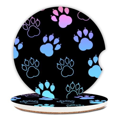 2 Pack Absorbent Car Coasters for Cup Holders,Ceramic Coasters with Cork Back and Finger Slot, Auto Accessories for Women & Men,2.56"(Gradient Black Dog paw Print) - color: Gradient Black Dog Paw Print