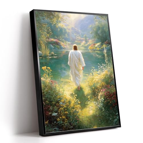 Eziktw Jesus Christ Walking Wall Art Wildflower Meadow Peaceful River Landscape Christian Canvas Prints Aluminum Frame Religious Decor Morning Light Savior Picture Spiritual Home Gifts 12" × 18" - color: Black Metal Green, size: 18"L x 12"W