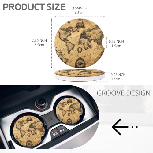 Cup Holder for Car,Rustic Ancient World Map Print Ceramic Coasters Non-Slip Cup Holder Insert with Fingertip Grip, Auto Interior Accessories for Women & Men,Pack of 2, 2.56In - color: World Exploration on Map