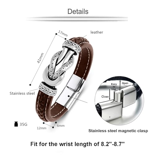Men's Braided Leather Bracelet Wristband Cuff Bracelet for Men Gifts Stainless Steel Clasp - color: Brown