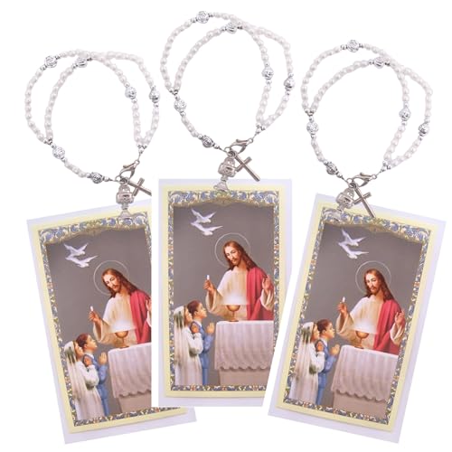 Wowser First Communion Double Strand Imitation Pearl Rosary Bracelet with Prayer Card, Set of 3, Sacramental Accessory, Religious Gift