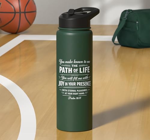Psalm 16:11 Path of Life Bible Verse Scripture Faith Prayer Stainless Steel Insulated Water Bottle - color: Dark Green