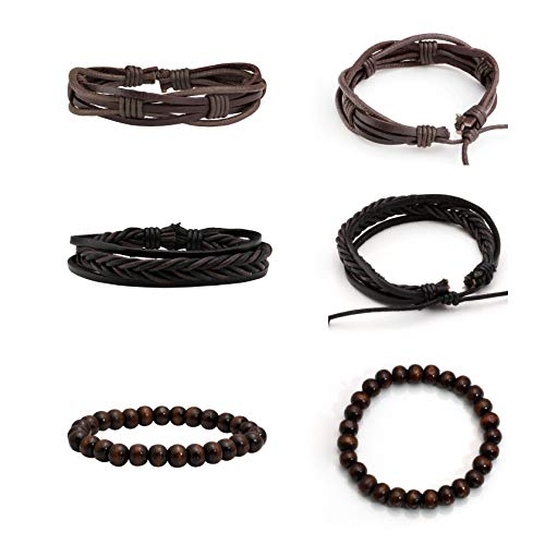 MILAKOO 6 Pcs Punk Braided Leather Bracelets for Men Women Cuff Wrap Wristbands Adjustable - color: Brown