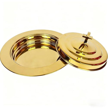 Polished Gold Communion Bread Tray Plate with Cover, Communion plate with lid Church supplies Ware Sets