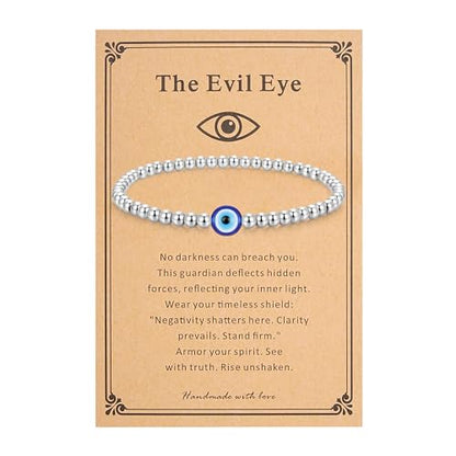 morniface Beaded Bracelet for Women, Handmade Stretch Bracelet with Charms, Dainty Stackable and Trendy Jewelry Gift - style: Silver Beaded-Evil Eye