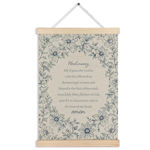 MKIJUHB Hail Mary Prayer Catholic Wall Art Decor, Christian Wall Decor, Vintage Blue and White Floral Catholic Framed Hanging Canvas Prints for Church Prayer Room Home Decorations, 12x16 Inch - color: Christian Canvas wall art decor 08