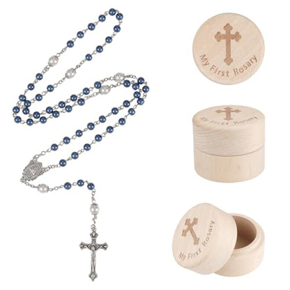My First Rosary Baptism Gifts Rosary Catholic Keepsake Box for Baby Shower First Communion Christian Beads Gifting Set (Blue)