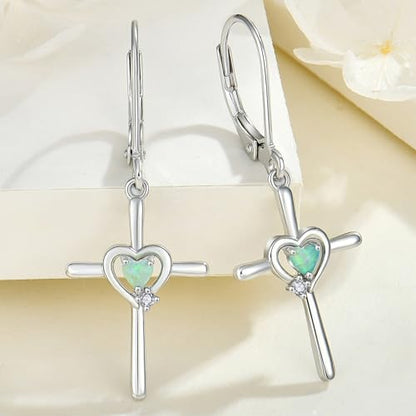 Cross Earrings 925 Sterling Silver Opal Crucifix Dangle Drop Earring Heart Birthstone Religious Jewelry for Women - color: Green Opal