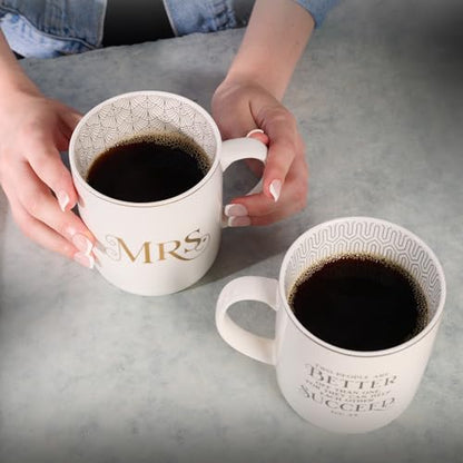 Christian Art Gifts Inspirational Novelty Ceramic Coffee & Tea Mug Set for Husbands & Wives: Mr. & Mrs. Encouraging Scripture, Weddings, Anniversaries, White/Silver/Gold, Pack of Two Large 14 oz. Cups