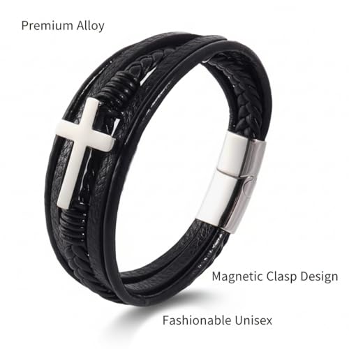 Stainless Steel Braided Leather Bracelet for Men Cuff Bangle Cross - color: 1-silver