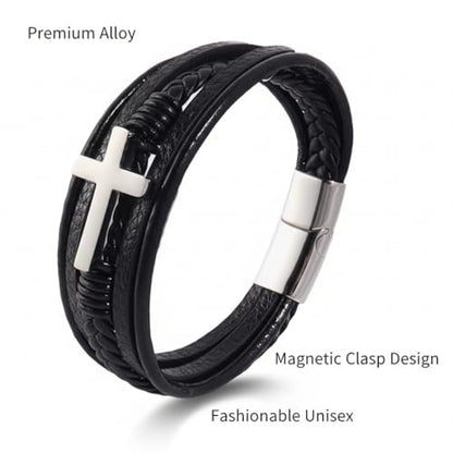 Stainless Steel Braided Leather Bracelet for Men Cuff Bangle Cross - color: 1-silver