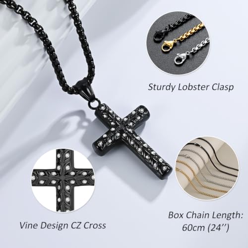 Men's Cross Necklace, Vine Design Iced‑Out Cubic Zirconia - color: black