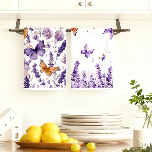 Lavender Kitchen Towels Set of 4, Purple Floral Butterfly Dish Towels - color: Purple Lavender