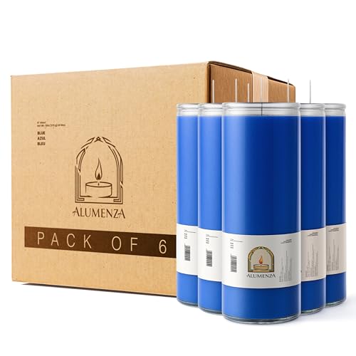 6pk Blue Azul 90hr | 7-Day Prayer Candles - Glass Jar Veladoras, Unscented Paraffin Wax | Peace, Healing & Protection Novena - Catholic Hispanic Church Altar, Memorial Vigil, Tranquility Calm - color: Blue