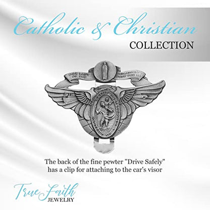 True Faith Jewelry Pewter Winged Miraculous Mary and St Christopher Visor Clip for Car, Patron Saint of Travelers, Gift for New Driver, Fine Pewter (92% Tin), 2 x 3 Inch - size: St. Christopher 3