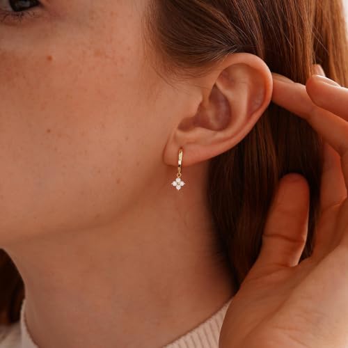 Dangle Earrings for Women, Dainty Huggie Hoop Dangle Earrings - color: Clover 01 Dangle Gold