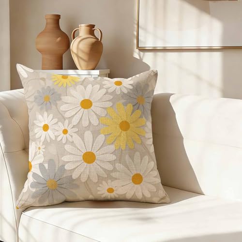 Minimalist Floral Throw Pillow Cover,Yellow White Gray Daisies Paper Cut Decorative Pillow Case,Cheerful Spring Garden Cotton Linen Cushion Case for Home Decor 18 * 18 Inch - color: Settype07