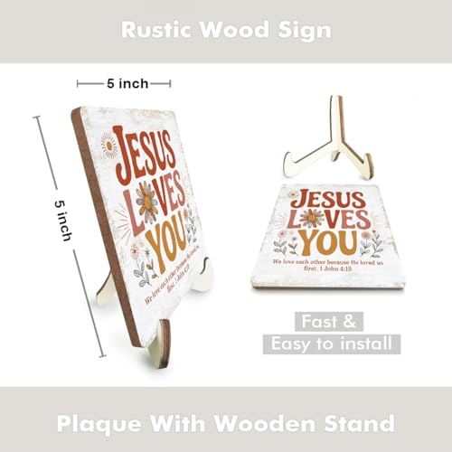 Christian Gifts Desk Decor, Rustic Wood Sign, Boho Faith Religious Bible Verse Quotes Decorative Desk Accessories for Home House Decor Office Accessories Cute Bohemian Floral Table Shelf Wooden Sign - color: JesusLovesYou