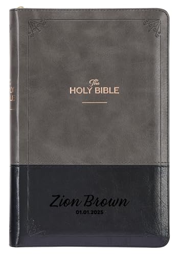 Personalized KJV Deluxe Standard Print King James Version Faux Leather Holy Bible with Thumb Index and Zippered Closure, Custom Name Includes Up to 3 Rows of Text with Red Letter Edition - color: Gray/Black