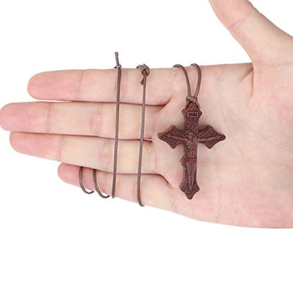 COTTVOTT Wood Orthodox Cross Pendant Necklace Christian Crucifix Necklace Prayer Jesus for Women Men - style: E-Red Color