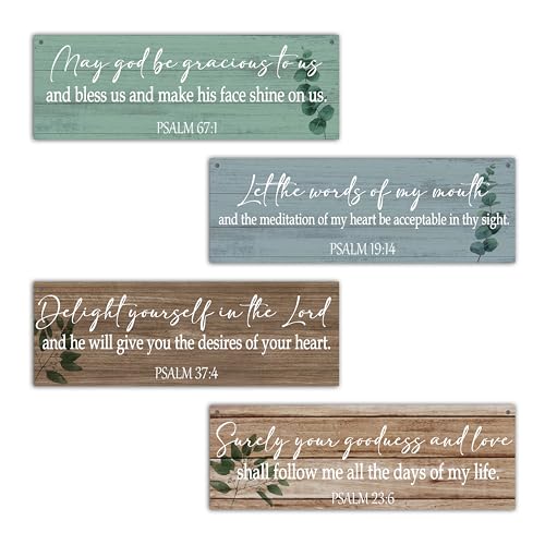 Dskly 4 Pcs Christian Wall Decor Sign, Rustic Scripture Wall Art Decor Gift, Bible Verses Wooden Hanging Plaque Sign For Farmhouse Home Living Room Bedroom Bathroom, Retro Prayer Saying Wood Sign -06