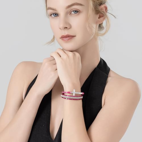 Christian Cross Leather Bracelets Boho Western Blessing Religious Jewelry - color: Hot Pink