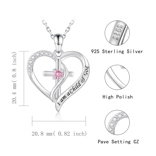 925 Sterling Silver I Am a Child of God Scripture Pendant with Birthstone Heart Cross Communion Necklace for Women Christian Faith Jewelry Gift - color: October
