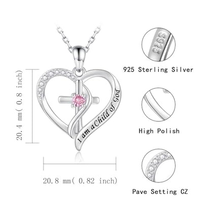 925 Sterling Silver I Am a Child of God Scripture Pendant with Birthstone Heart Cross Communion Necklace for Women Christian Faith Jewelry Gift - color: October