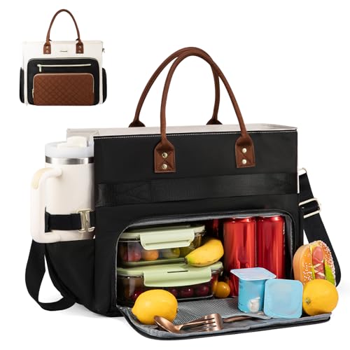 LOVEVOOK Lunch Tote Bag for Women, 3 in 1 Work Bag with Insulated Lunch Compartment & 40oz Large Cup Holder & Multi-Pockets, 15.6" Laptop Bag for Office/Daily/Travel, Gifts for Teacher Nurse Mom - color: Black-beige-brown, size: 15.6 inch with Lunch Compa