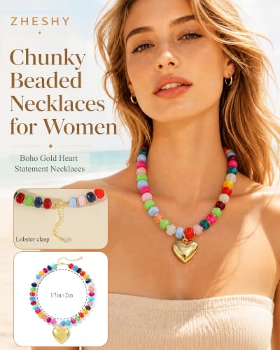 ZHESHY Chunky Beaded Necklaces for Women Heart Cross Statement Necklace - color: Multicolor 2
