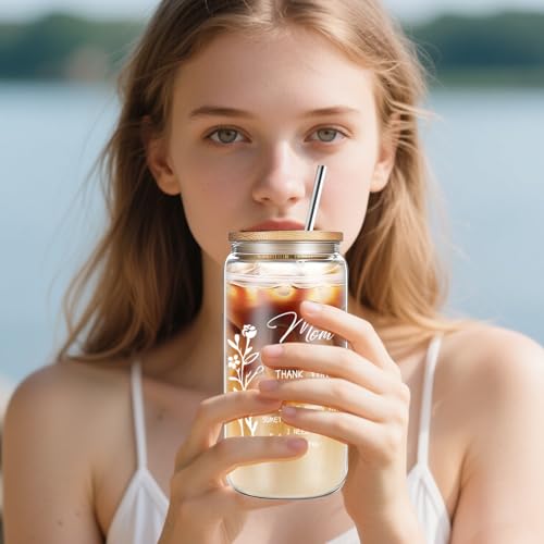 DHQH Birthday Gifts for Mom, Mothers Day Gifts from Daughter Son, 16oz Mom Ice Coffee Glass Cup with Makeup Bag, Christmas Gift Ideas for Mommy Mama Friends - style: mom thank you