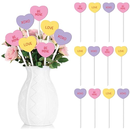 TICIAGA Colorful Heart Double-Sided Decorative Pick - 12PCS Romantic Wooden Heart Pick with Word Farmhouse Decor for Holiday, Love Conversation Heart Floral Decor for Mother's Day Wedding Party - color: Multicolored Heart with Words