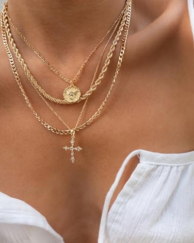 Cross Necklace for Women, Dainty 14K Gold Plated Cross Pendant Simple Long Necklaces for Women, Christian Faith Necklace Trendy Gold Jewelry Gifts for Easter - color: gold zircon cross