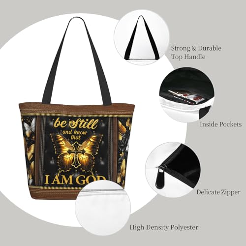 Tote Bag For Women, Tote Bag With Zipper Large Shoulder Bag For Women Travel, Work, Office, College, Nursing - color: Be Still and Know That I Am God