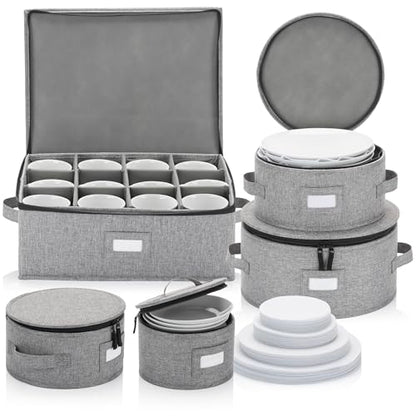 Stack Store Plus More China Storage Set for Plates, Cups and Mugs - 5 pc set - Hard Shell and Stackable, Fully Padded Interior, 48 Plate Dividers Included - style: Cup + Plate Storage