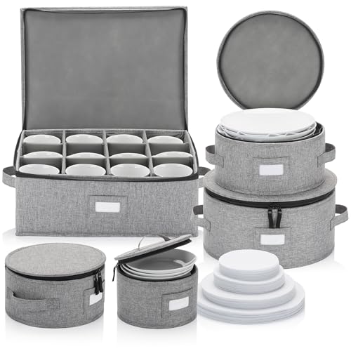 Stack Store Plus More China Storage Set for Plates, Cups and Mugs - 5 pc set - Hard Shell and Stackable, Fully Padded Interior, 48 Plate Dividers Included - style: Cup + Plate Storage