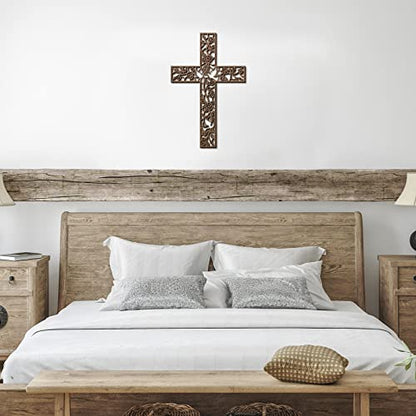 Yookeer Wooden Wall Hanging Cross Flower Pigeon Religious Living Room Decor